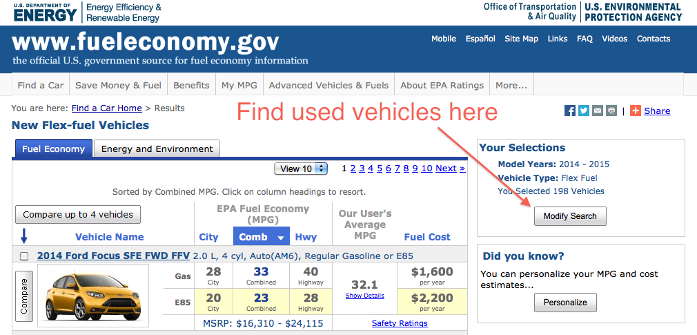 fueleconomy.org, EPA flex-fuel page, E85
