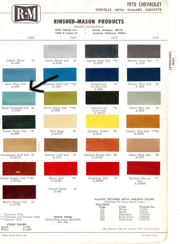 1970 Chevrolet color chart 