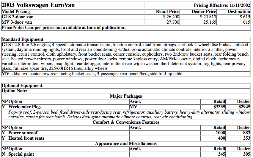 2003 Volkswagen EuroVan prices 