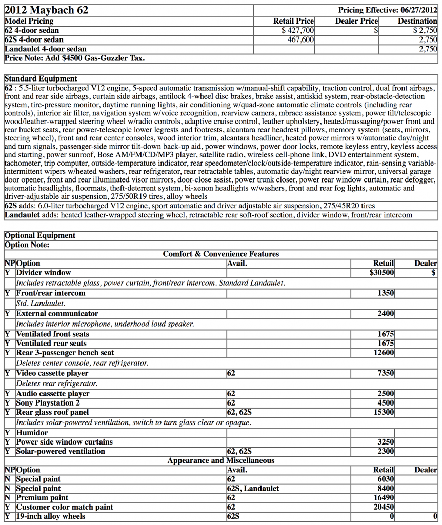 2012 Maybach 62 Prices