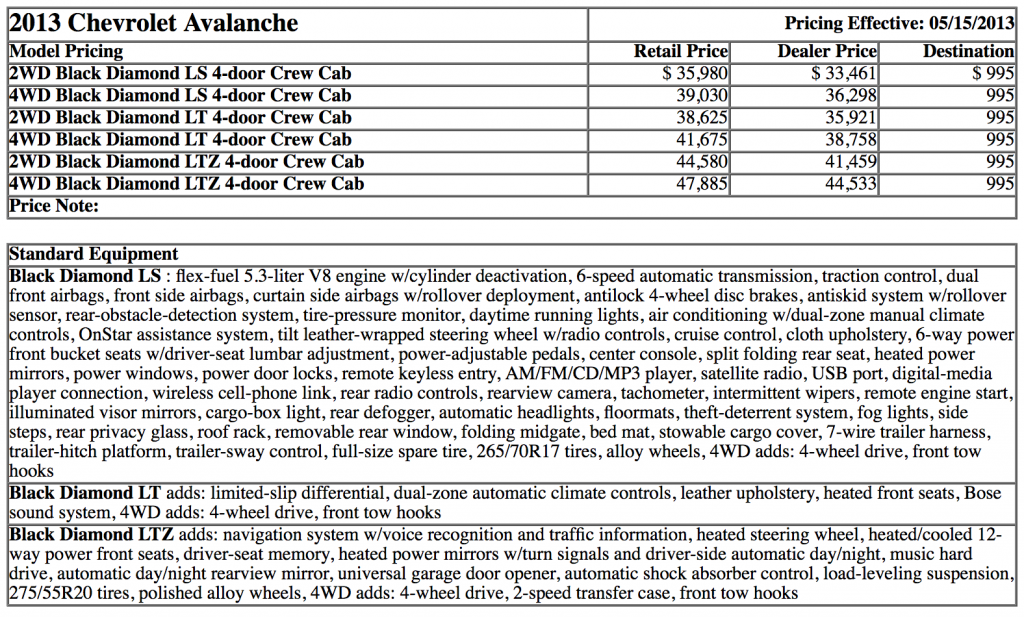 2013 Chevrolet Avalanche standard equipment 