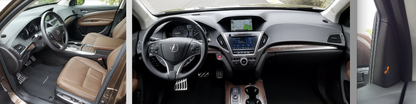 Our MDX Sport Hybrid Advance boasted a very upscale interior, with lots of leather, wood, and padded surfaces. We also liked that the blind-spot alert light was on the roof pillar rather than the outside mirror.