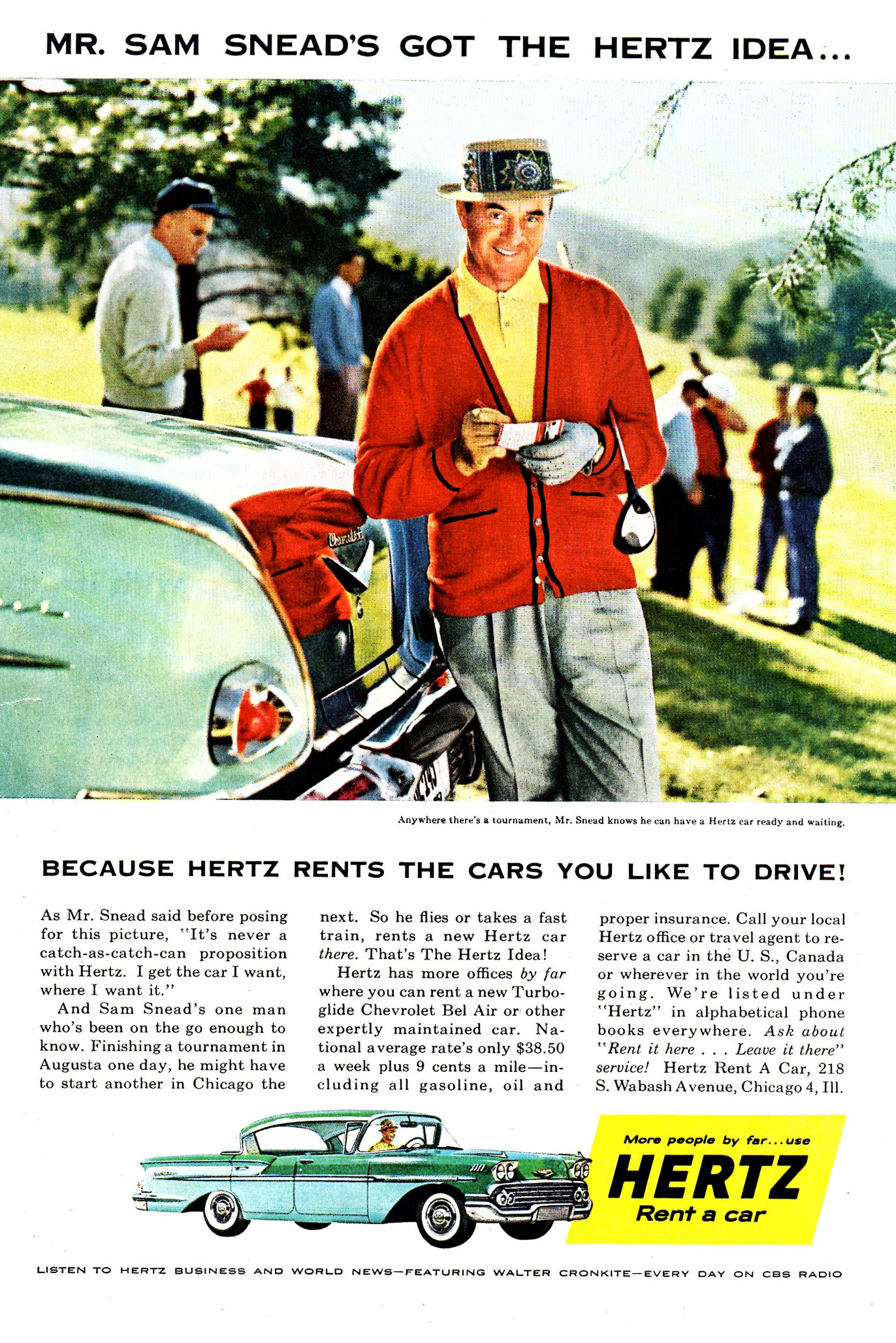 Sam Snead, 1958 Hertz Print Ad, 1958 Chevrolet