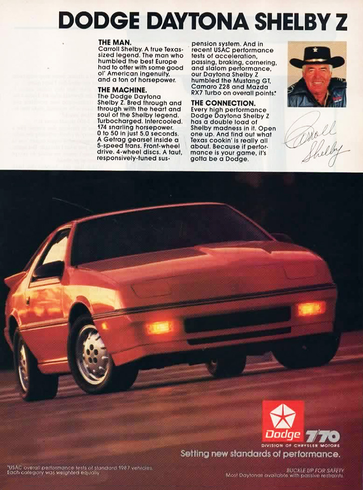 1987 Daytona Shelby Z print ad 