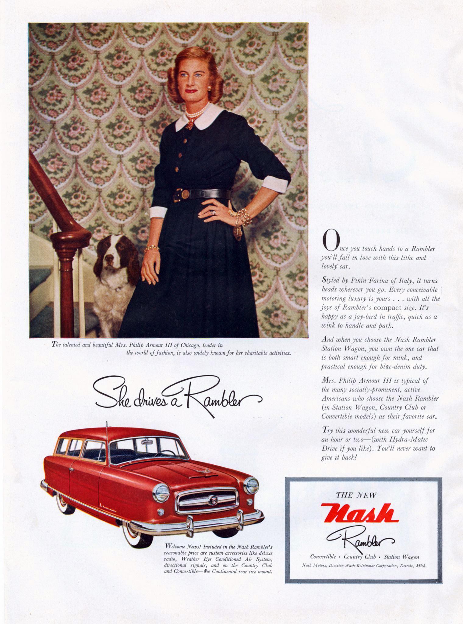 1953 Nash Ad, Mrs Philip Armour III, Fashion, 