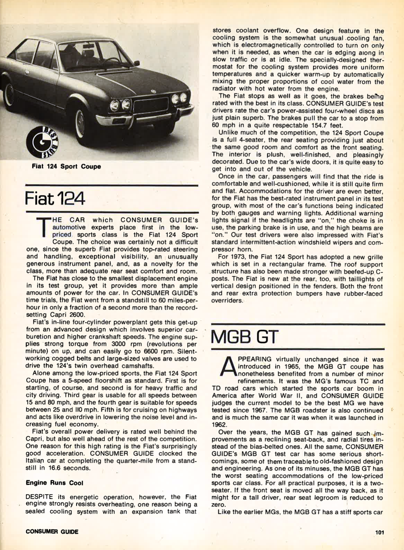 Sports Cars of 1973, 1973 Fiat 124 review, 1973 MGB GT review 