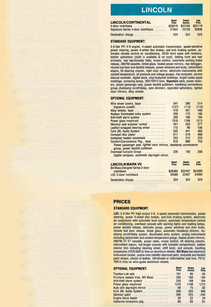 1988 lincoln Mark VII Prices