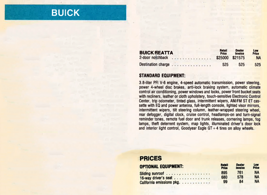 1988 Buick Reatta Prices