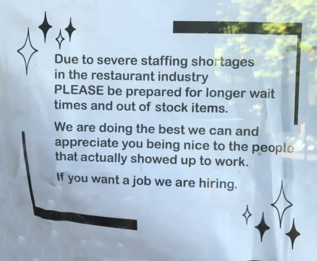 Labor-shortage restaurant sign