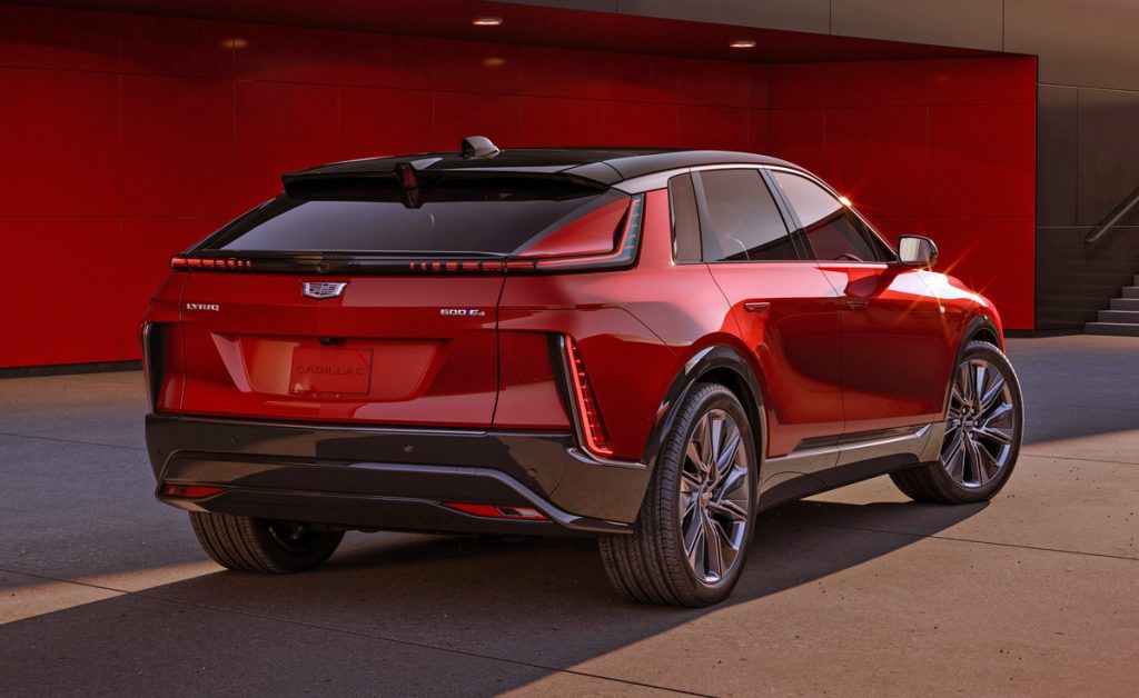 Rear 3/4 view of the 2024 Cadillac LYRIQ Sport trim.