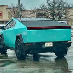 Blue cyber truck, blue wrap, Trader Joe's