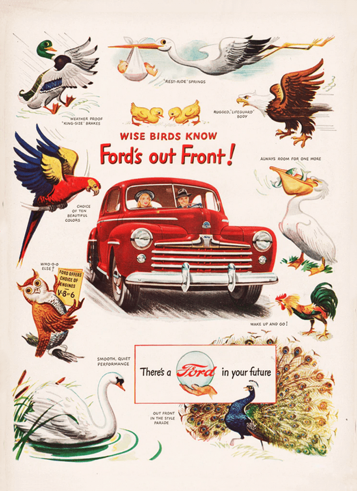 Ford's out front, print ad, 1947, Birds in Classic Car Ads