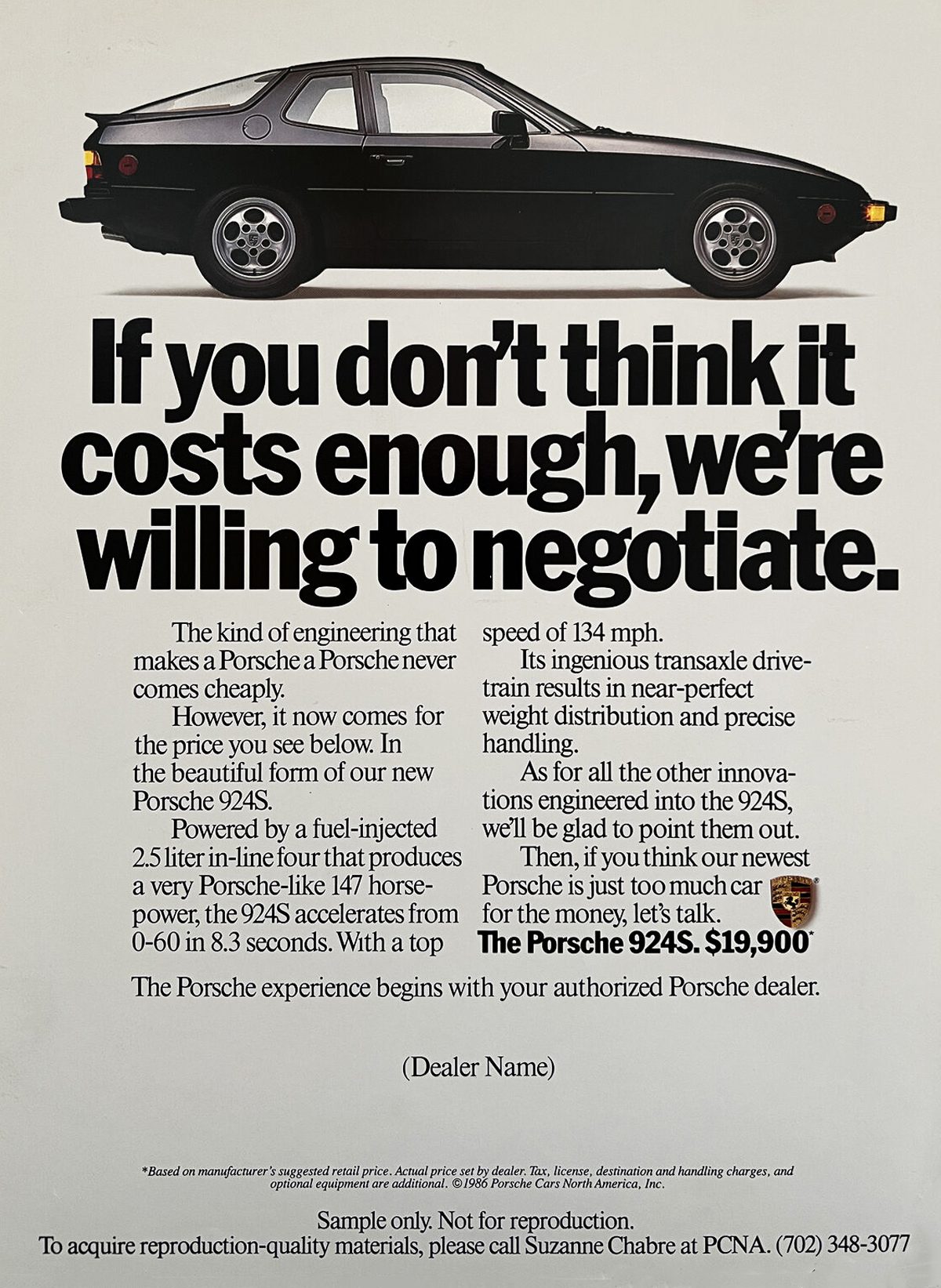 1986 Porsche 924S ad. $20,000, $19,900