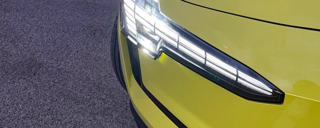 2025 Volvo EX30 in Moss Yellow, headlight detail,
