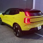 2025 Volvo EX30 in Moss Yellow, rear 3/4, Performance Ultra,