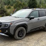 2026 Subaru Forester Wilderness, front 3/4 dirty, muddy
