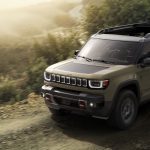 The all-new, all-electric, Trail Rated 2026 Jeep® Recon., doors on, front 3/4
