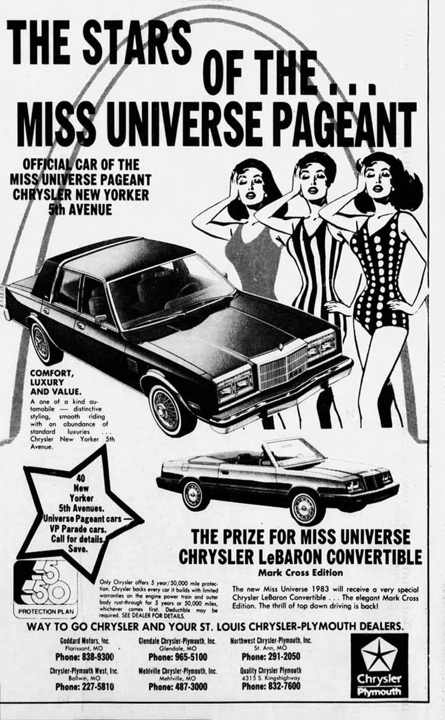 1983 m. Chrysler laikraščio spausdinimo skelbimas, Chrysler Fifth Avenue, Chrysler LeBaron kabrioletas, konkursas „Mis Visata“ Šv. Louis
