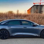 2026 Lucid Air Touring in Fathom Blue, profile, stealth Appearance, sunset,