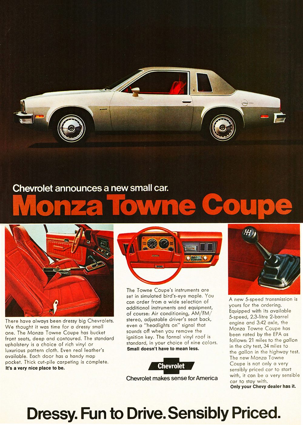 1975 Chevrolet Monza Towne Coupe skelbimas, spausdintas skelbimas, mechaninė pavarų dėžė