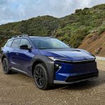 2026 Toyota bZ Woodland with all-season tires, blue, front 3/4 view,