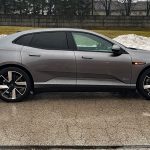 2026 Polestar 4 in Stratus, front 3/4 view, 21-inch wheels, painted lower mouldings, profile,