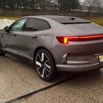 2026 Polestar 4 in Stratus, rear 3/4 view,