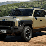 2026 Kia Tasman, What is the Kia Tasman?, front 3/4 view, green,