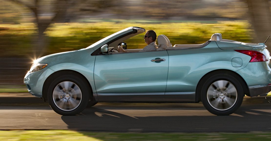 Nissan Murano CrossCabriolet in Glacier Pearl, profile, in motion, top down,