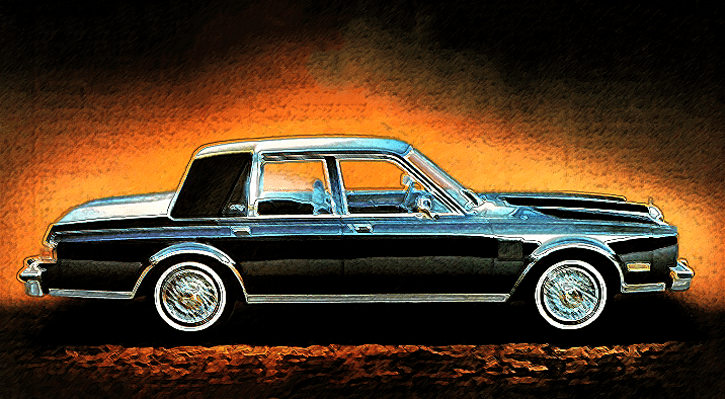 1983 Chrysler Fifth Avenue, ad detail, black on orange,