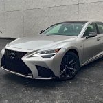 2025 Lexus LS 500 in Silver Illusion, front 3/4 view, cloudy day