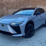 2026 Lexus RZ 500e F Sport in Wind, front 3/4 dusk,