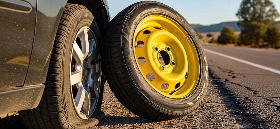Mini Spare Tire, yellow rim, tire change