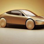Tesla Cybercab in Gleaming Gold, front 3/4 view, gold wheels, low angle,