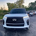2026 Infiniti QX80 in Radiant White, front end, sunset, pussy willows,