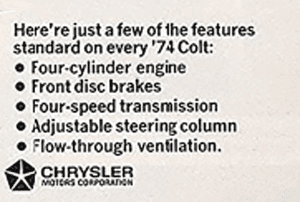 1974 Dodge Colt Lineup, standard equipment, Print ad