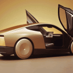 Tesla Cybercab, Robo Taxi, Gleaming Gold, rear 3/4 view, doors open, doors up