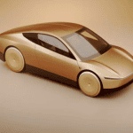 Tesla Cybercab in Gleaming Gold, front 3/4 view, high angle,