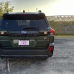 rear view, sunset, 2026 Subaru Outback Wilderness in Deep Emerald Green Pearl