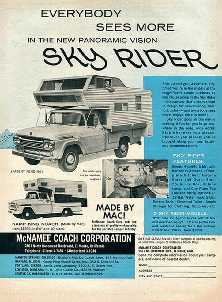 Sky Rider slide-in camper ad, McNamee Coach, Magazine Ad, 1960