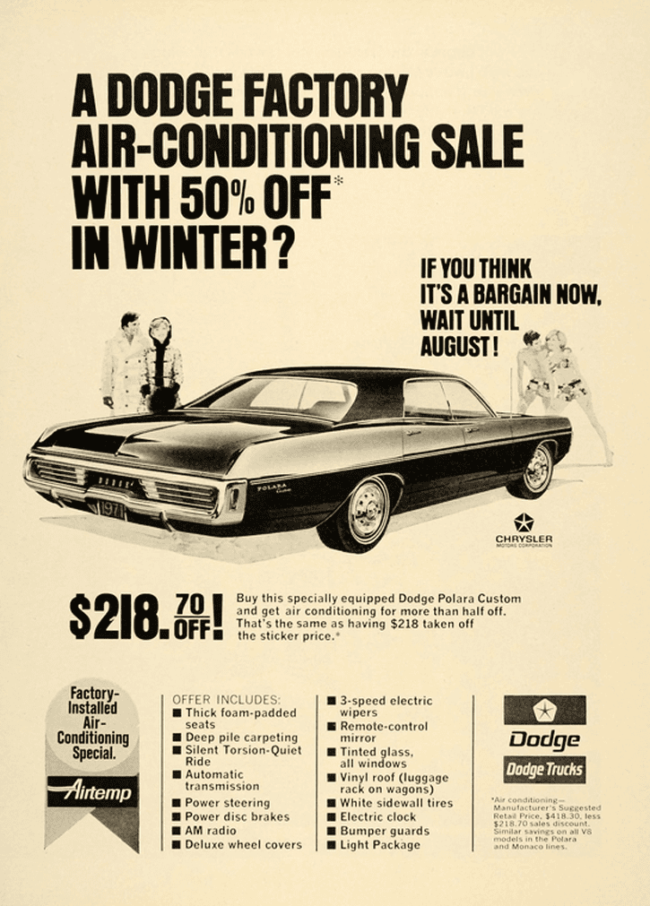 1970 Dodge Polara, print ad, black and white, half-price air conditioning