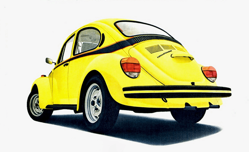 1973 Volkswagen Sport Bug Ad, rear view, yellow, black trim