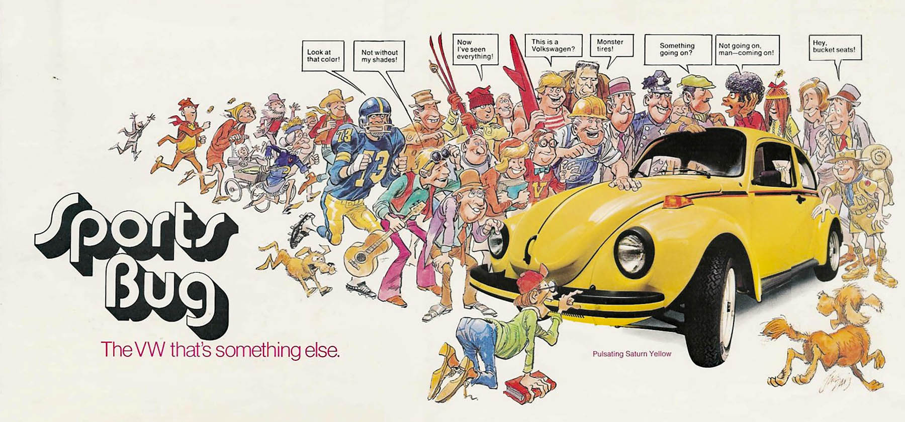 1973 Volkswagen Sport Bug Ad, Mad Magazine, Jack Davis, Saturn Yellow