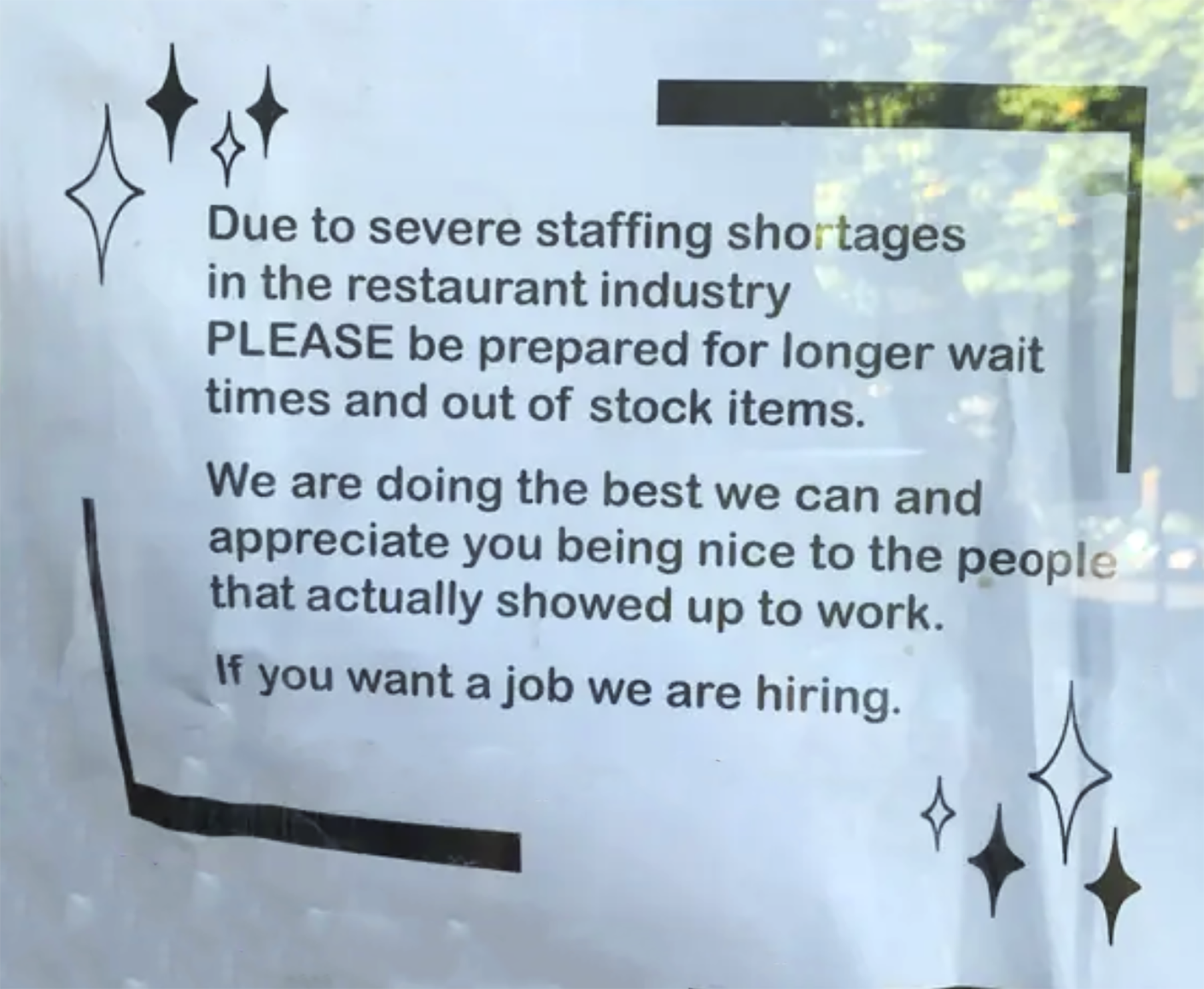 Labor-shortage restaurant sign 